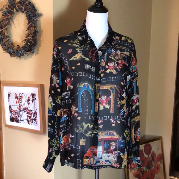 CHICOS size 2  Medium SILK Fun Asian Print Eastern Vibe Graphic Print $109 NEW - Picture 3 of 16